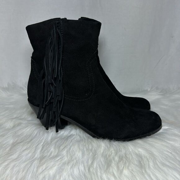 Sam Edelman Louie Black Suede Heeled Fringe Booties Sz 8 - Picture 4 of 8